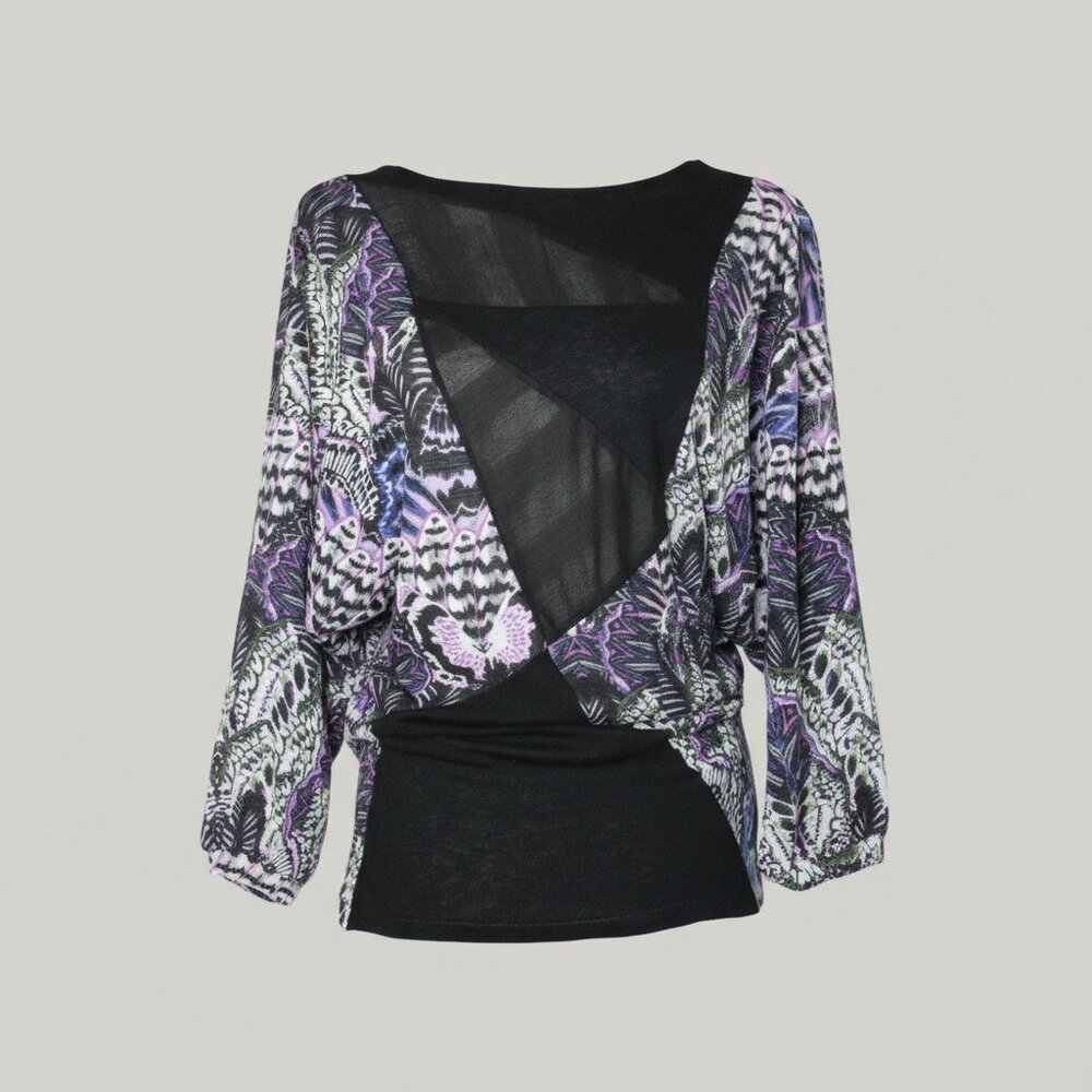 Custo Barcelona Asymmetrical Tunic Top or Mini Dress Small Black Purple Floral